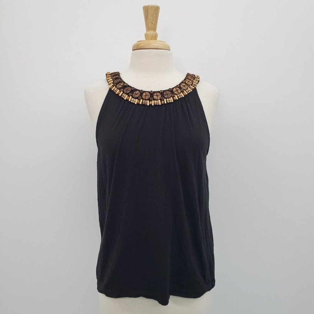 Talbots Womens Sleeveless Wood Beaded Neckline Halter Top Blouse Size L‎ Black